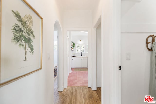 hallway with sink and light hardwood / wood-style flooring