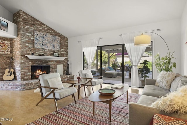 living room with high vaulted ceiling and a brick fireplace