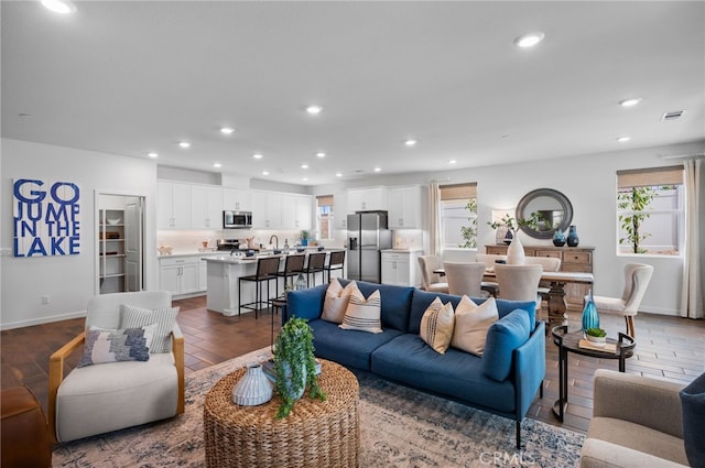 living room featuring sink and dark wood-type flooring