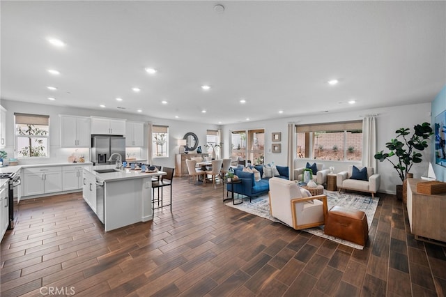 living room with sink and dark wood-type flooring