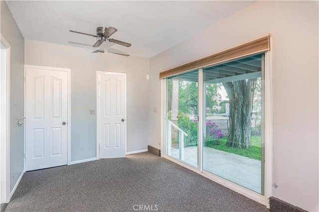 unfurnished bedroom with access to exterior, ceiling fan, and carpet