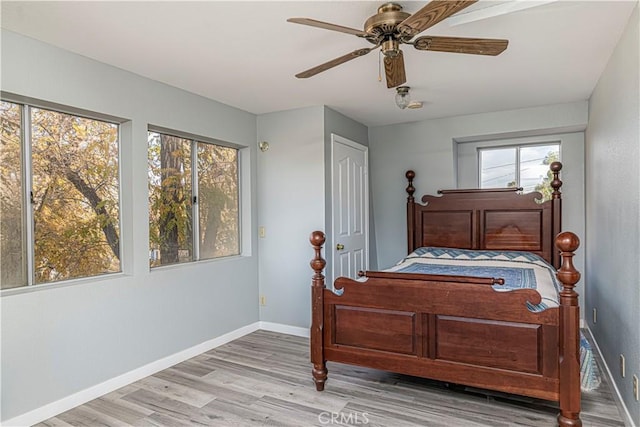 bedroom with ceiling fan and light wood-type flooring