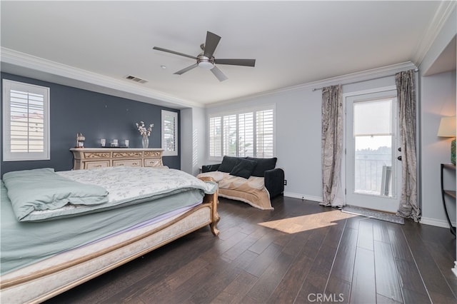 5185 Highview St, Chino Hills, CA 91709 - bedroom featuring dark wood-style flooring, crown molding, multiple windows, and a ceiling fan