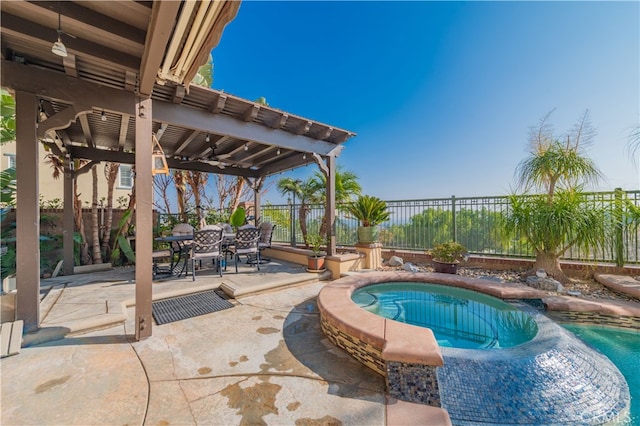 5185 Highview St, Chino Hills, CA 91709 - view of pool featuring outdoor dining area, a patio, a fenced backyard, a pool with connected hot tub, and ceiling fan