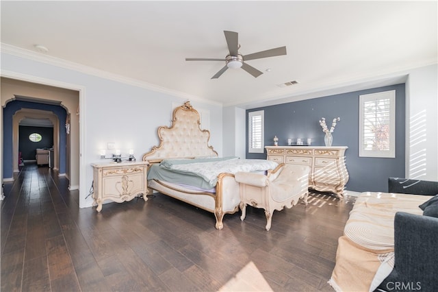 5185 Highview St, Chino Hills, CA 91709 - bedroom featuring arched walkways, crown molding, dark wood-style floors, and a ceiling fan