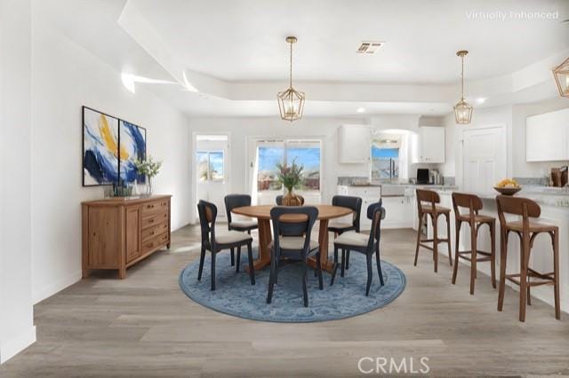 dining area featuring a raised ceiling and light wood-type flooring