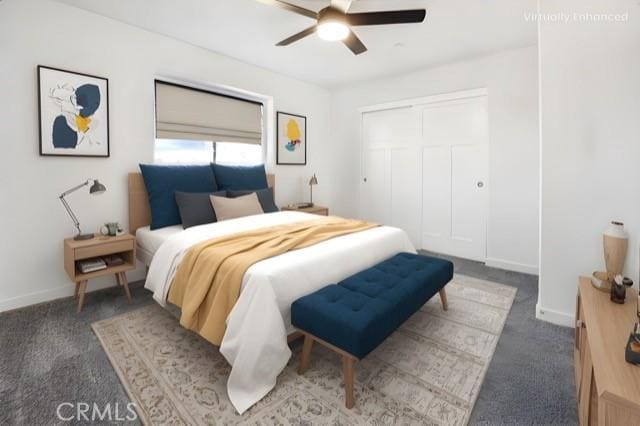 bedroom featuring ceiling fan, dark carpet, and a closet