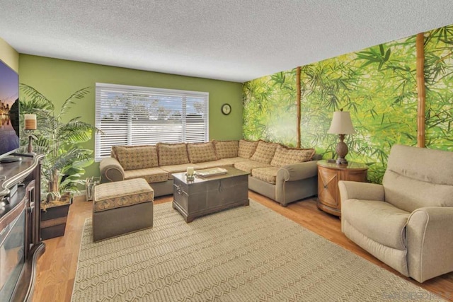 living room featuring wood-type flooring and a textured ceiling