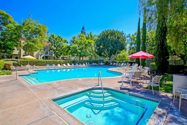 view of pool featuring a patio area and a hot tub