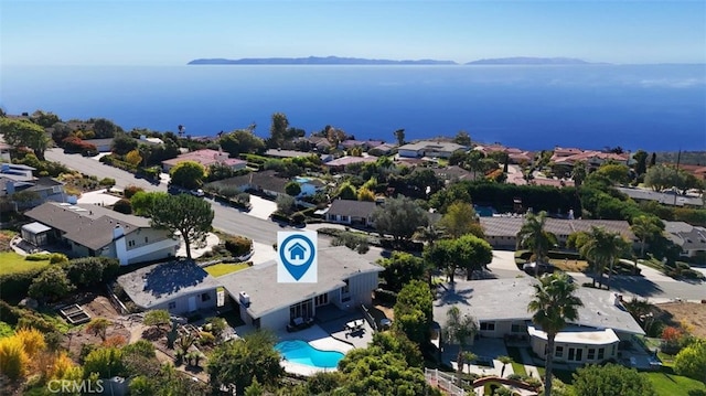 aerial view featuring a water view and a residential view