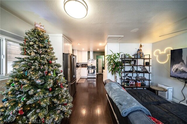 living room with a textured ceiling and dark hardwood / wood-style floors