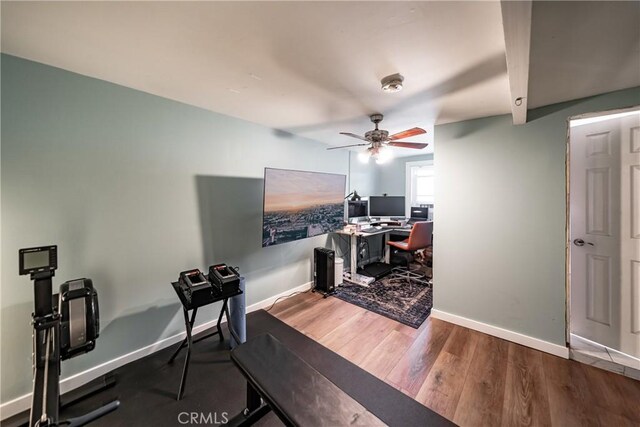 workout area featuring hardwood / wood-style floors and ceiling fan