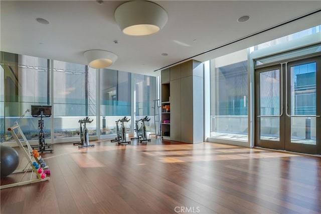 exercise room with a wall of windows, light hardwood / wood-style flooring, and a wealth of natural light