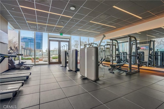 exercise room featuring a paneled ceiling and a wall of windows