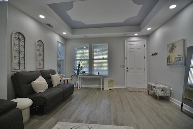 living room featuring light hardwood / wood-style flooring and a raised ceiling