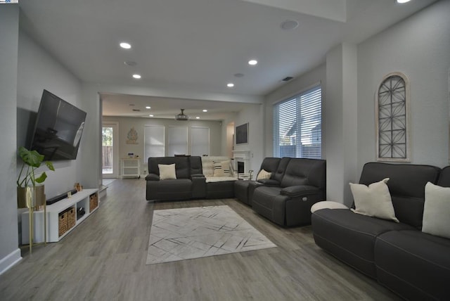 living room featuring plenty of natural light, light hardwood / wood-style floors, and ceiling fan