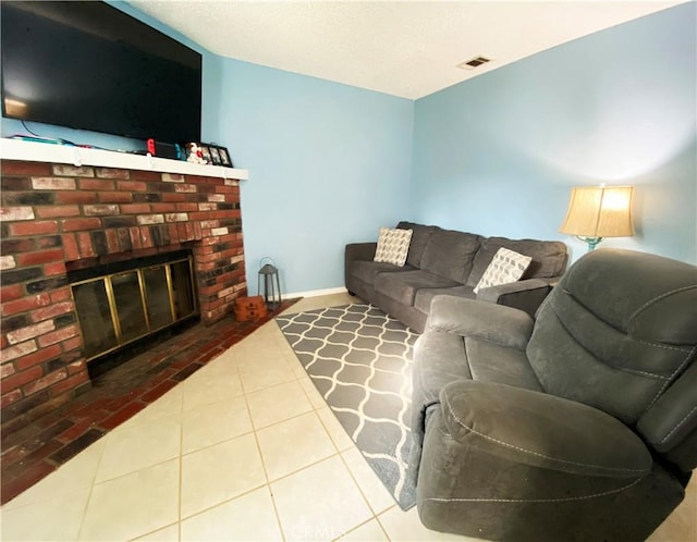 tiled living room with a fireplace