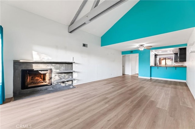 unfurnished living room with ceiling fan, beamed ceiling, wood-type flooring, and high vaulted ceiling