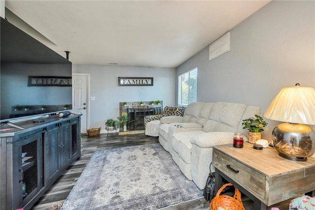 living room featuring dark hardwood / wood-style flooring