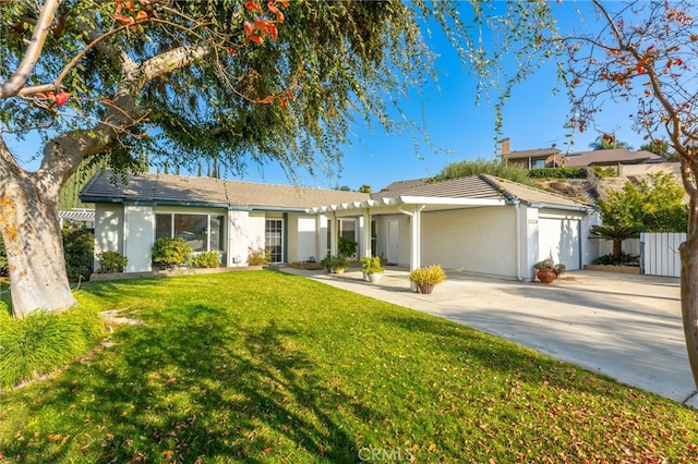 single story home featuring a garage and a front yard