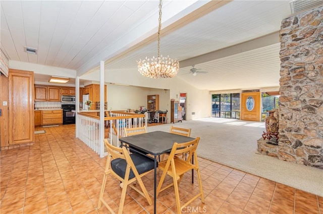 dining room with light tile patterned floors, visible vents, lofted ceiling with beams, light carpet, and ceiling fan with notable chandelier