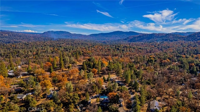 drone / aerial view featuring a mountain view and a view of trees