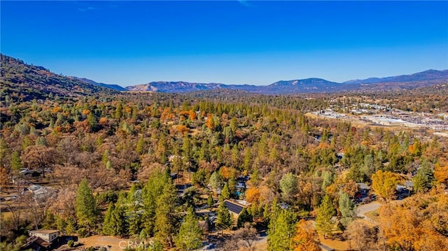 bird's eye view featuring a forest view and a mountain view