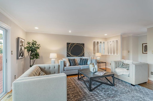 living room featuring crown molding and hardwood / wood-style floors