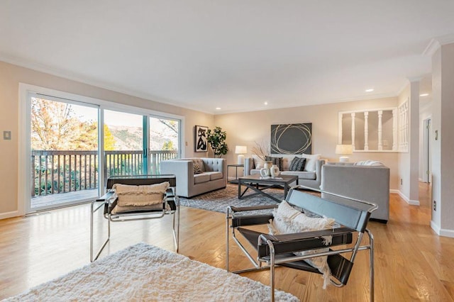 living room with crown molding and light hardwood / wood-style floors