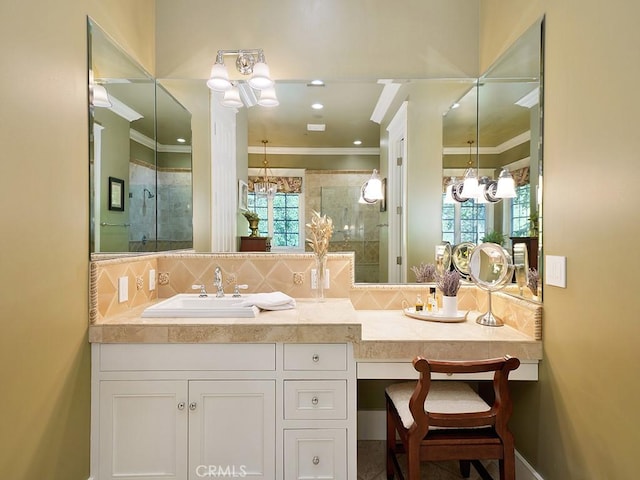 bathroom featuring decorative backsplash, walk in shower, and crown molding