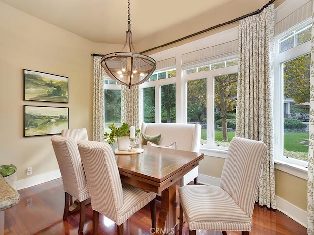 dining room with a chandelier and dark hardwood / wood-style flooring