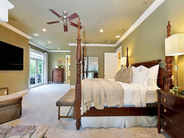 carpeted bedroom with access to exterior, ceiling fan, and ornamental molding