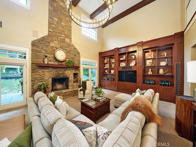 carpeted living room with a stone fireplace, plenty of natural light, and a towering ceiling