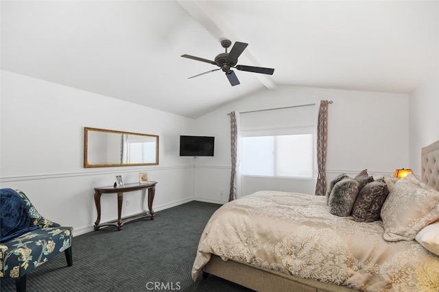 bedroom with vaulted ceiling with beams, ceiling fan, and dark carpet