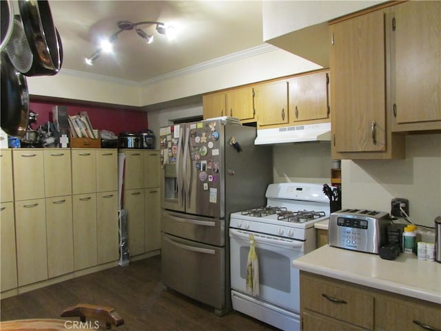 kitchen featuring dark hardwood / wood-style flooring, gas range gas stove, crown molding, and stainless steel refrigerator with ice dispenser