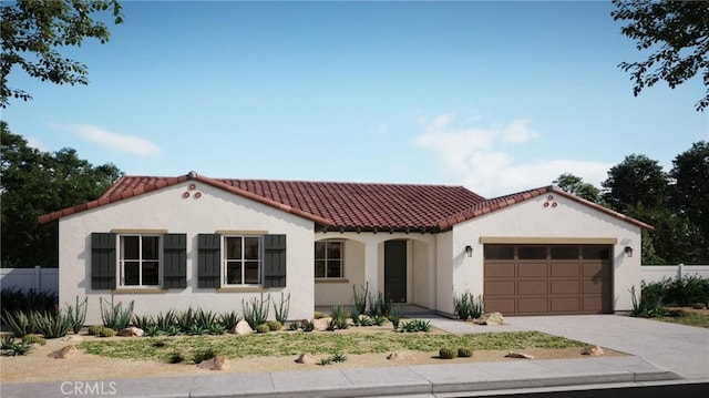 mediterranean / spanish home featuring fence, a tile roof, concrete driveway, stucco siding, and an attached garage