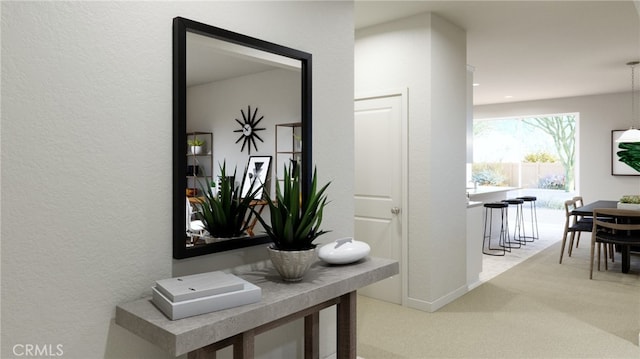 hall featuring carpet flooring and a textured wall