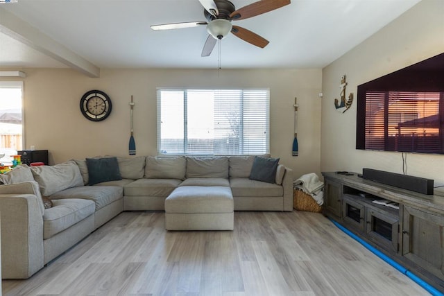 living room featuring ceiling fan, light hardwood / wood-style flooring, and beamed ceiling