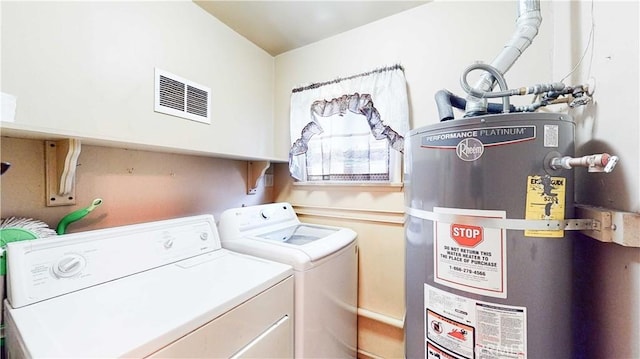 laundry room featuring secured water heater and washer and dryer