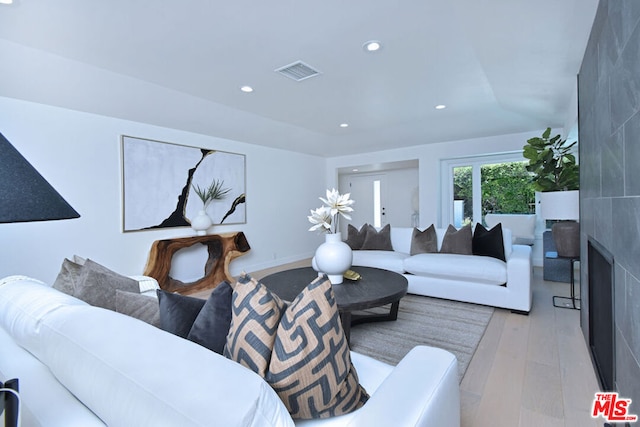 living room featuring a fireplace and light hardwood / wood-style floors