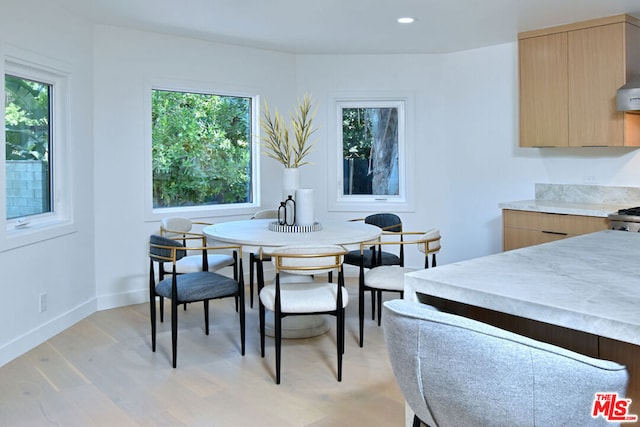 dining space with plenty of natural light and light wood-type flooring