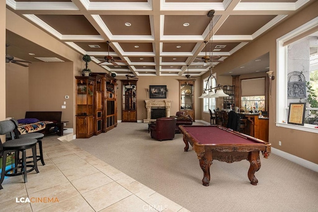 9120 Laramie Ave, Bakersfield, CA 93314 - recreation room with ceiling fan, beam ceiling, light colored carpet, and pool table