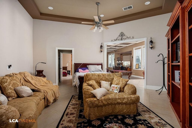 9120 Laramie Ave, Bakersfield, CA 93314 - tiled bedroom with ceiling fan and a raised ceiling