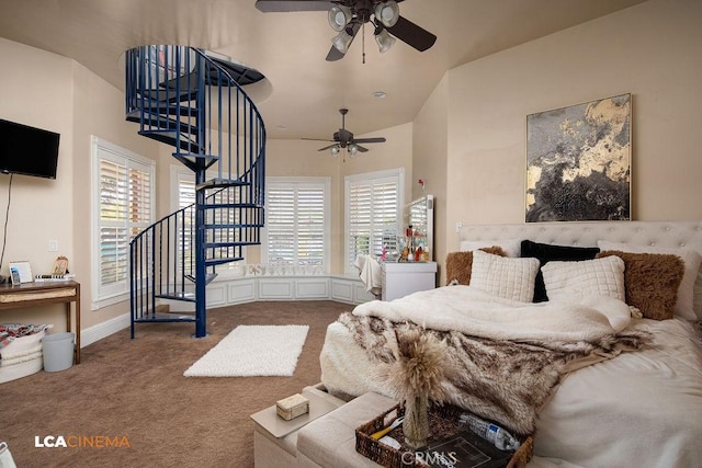 9120 Laramie Ave, Bakersfield, CA 93314 - carpeted bedroom with vaulted ceiling, multiple windows, and ceiling fan