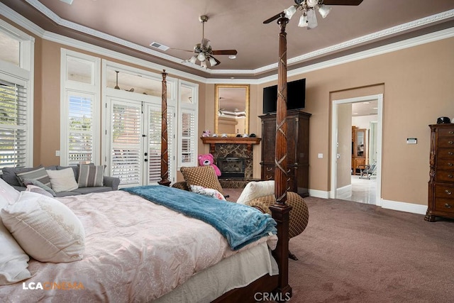 9120 Laramie Ave, Bakersfield, CA 93314 - bedroom with carpet, ceiling fan, access to exterior, and ornamental molding