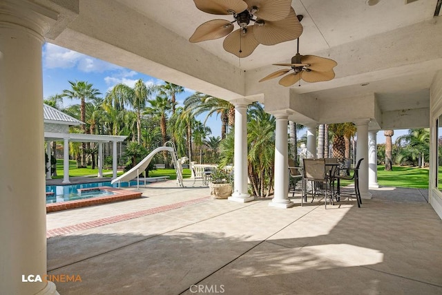 9120 Laramie Ave, Bakersfield, CA 93314 - view of patio / terrace with ceiling fan and a pool