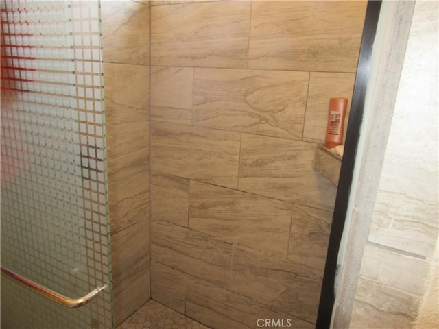 bathroom featuring a shower with shower door