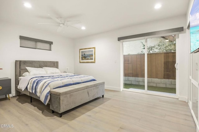 bedroom featuring access to outside, ceiling fan, and light hardwood / wood-style floors