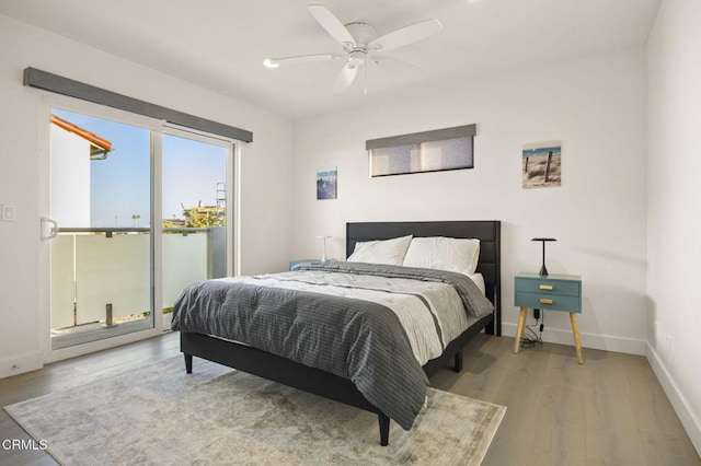 bedroom featuring wood-type flooring and ceiling fan