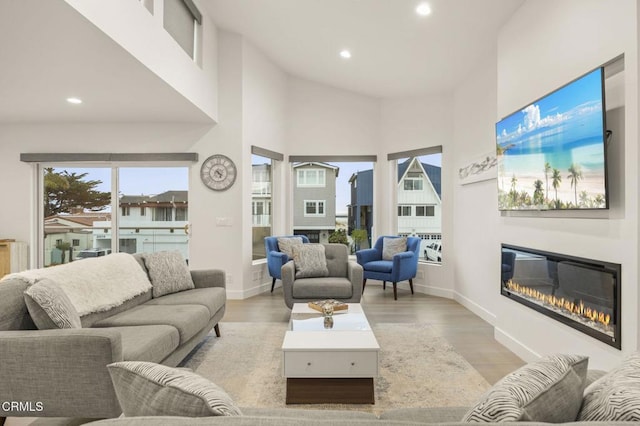 living room featuring a towering ceiling and light hardwood / wood-style floors